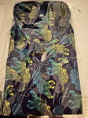 Men's Casual Button-Down Shirt - Navy with Yellow & Teal Tiger  Jerry Garcia